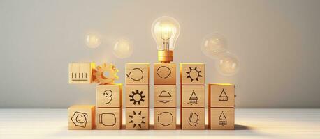 Concept of creative thinking and innovation for business growth represented by wooden cube blocks with light bulb and cycle icons on a clean background with spa photo