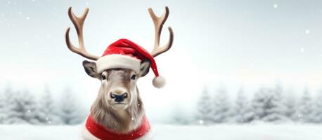 3D Illustration of reindeer with red nose and Santa hat against white backdrop photo