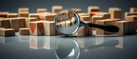 Identifying and understanding issues through root cause analysis using a magnifying glass on wooden cubes with question marks on a grey background photo