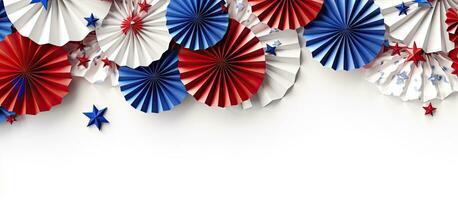 Top view of paper fans star confetti and blank space for text in a 4th of July party setup photo