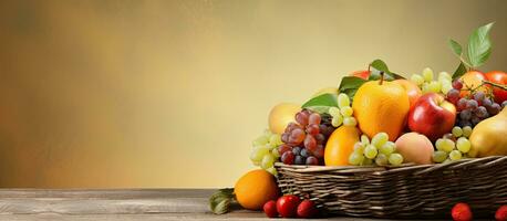 Fruit filled wicker basket on table for writing photo