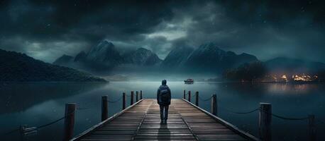 Man standing on dock at night in 2022 gazing at cloudy numbers in dark sky over mountains photo