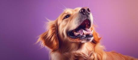 Dog with closed eyes and open mouth smiling blissfully on purple background in studio photo