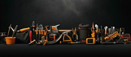 Banner with construction tools on black background for home improvement purposes photo