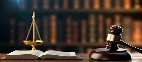 Wooden judges gavel and open law book in a courtroom photo