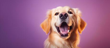 Dog with closed eyes and open mouth smiling blissfully on purple background in studio photo