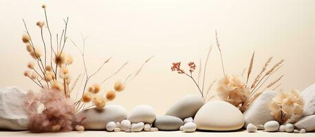 Stones and dry flowers in a neutral background Suitable for beauty product branding Natural colors Front view photo