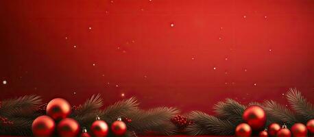 Christmas background with red color fir branches and ornaments photo