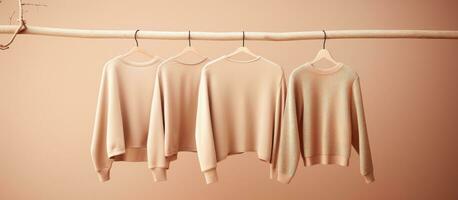 Empty space with minimal background featuring a collection of feminine beige sweaters perfect for autumn and winter fashion photo