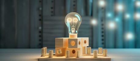 Concept of creative thinking and innovation for business growth represented by wooden cube blocks with light bulb and cycle icons on a clean background with spa photo