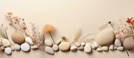 Stones and dry flowers in a neutral background Suitable for beauty product branding Natural colors Front view photo