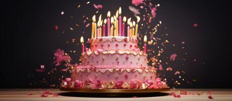 Opulent pink birthday cake with abundant golden candles photo