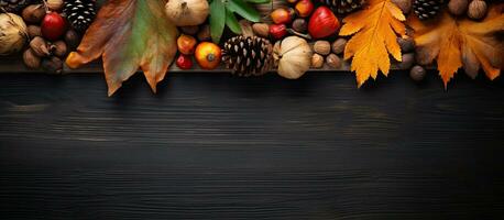 Overhead view of autumn elements on rustic banner background photo