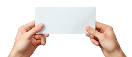 A man s hand holding two empty sheets of paper photo