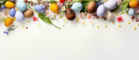 White background with spring flowers quail eggs and copy space Easter and springtime theme from top view g 2 1 1.png photo