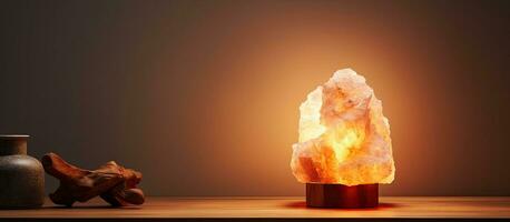 Salt lamp on table by wall photo