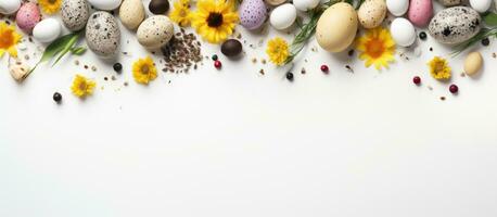 White background with spring flowers quail eggs and copy space Easter and springtime theme from top view photo