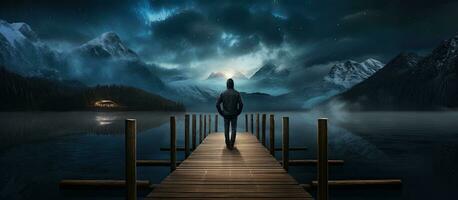 Man standing on dock at night in 2022 gazing at cloudy numbers in dark sky over mountains photo