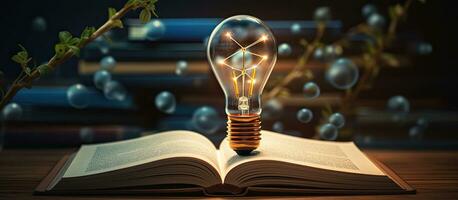 Light bulb on open book with graphs of stock market education and business growth reading for inspiration and new ideas for the future photo