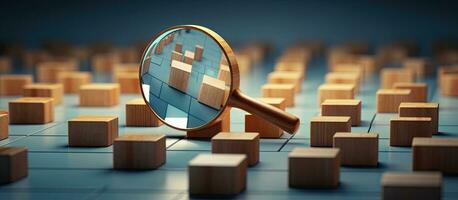 Identifying and understanding issues through root cause analysis using a magnifying glass on wooden cubes with question marks on a grey background photo