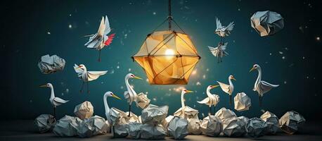 Business concept of creativity and teamwork with crumpled paper and crane for new ideas and transformation photo