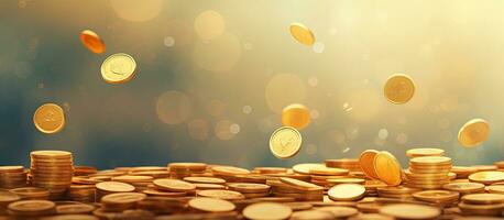 Coins flying and floating into piggy bank for financial saving concept 3d render photo
