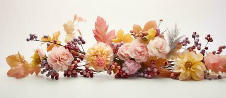 Floral decoration featuring autumn pastel colors and natural elements on a light background photo