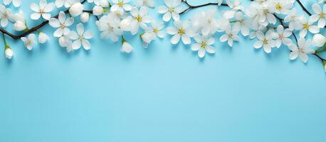 Mock up of spring flowers in a frame on a blue background with copy space photo