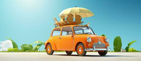 3D illustration of a retro car with a summer vacation accessory on a green background photo