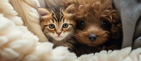 Toy Poodle puppy cuddles tabby kitten under blanket on bed Top view Space for text photo