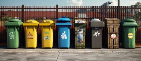 Assorted recycling bins for various waste types photo