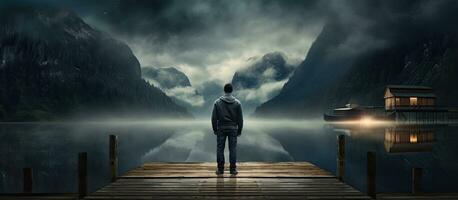 Man standing on dock at night in 2022 gazing at cloudy numbers in dark sky over mountains photo