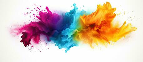 Vibrant round explosion of colorful powder isolated on white background with copy space photo