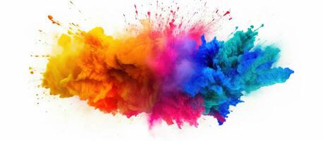 Vibrant round explosion of colorful powder isolated on white background with copy space photo