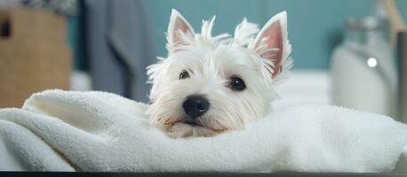 After a bath a West Highland White Terrier in a basin wrapped in a towel The image represents pet care with space for text photo