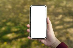 Close up of women's hands holding cell telephone blank copy space screen. smart phone with technology concept photo