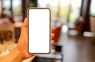 Women's hands holding cell telephone blank copy space screen. smartphone with blank white screen isolated on white background . smart phone with technology concept photo