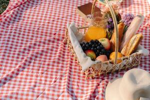 Picnic Lunch Meal Outdoors Park with food picnic basket. enjoying picnic time in park nature outdoor photo