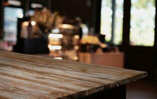 Wood Table Top in Blur Background room interior with empty copy space. photo