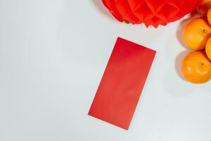 Decorated flat putting traditional pendant to the red Chinese New Year Celebrations for good luck. chinese word means blessing photo