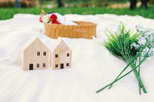 picnic setting on meadow with copy space Mock up space for text photo