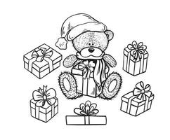 Teddy bear in santa hat holding gifts.Teddy bear surrounded by gifts.New Year set.Christmas hand drawn collection .Vector illustration. vector