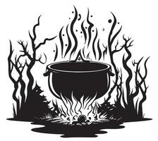 Witch cauldron on fire in the forest hand drawn sketch Vector Halloween illustration