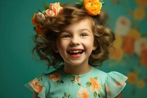 Young girl with hands raised photo