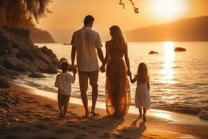Happy family walking at the beach at sunset photo