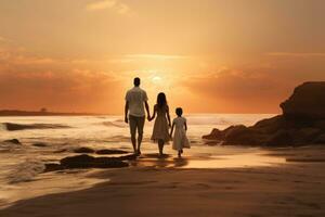 Happy family walking at the beach at sunset photo