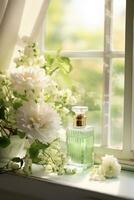 Glass perfume bottle with flowers photo