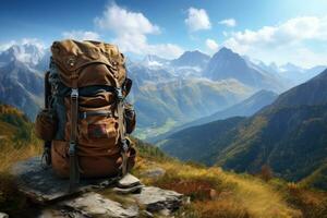 Young hiker with backpack in mountains photo