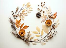 Autumn composition. Frame made of eucalyptus branches, flowers photo