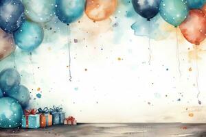 Watercolor birthday background with balloons photo